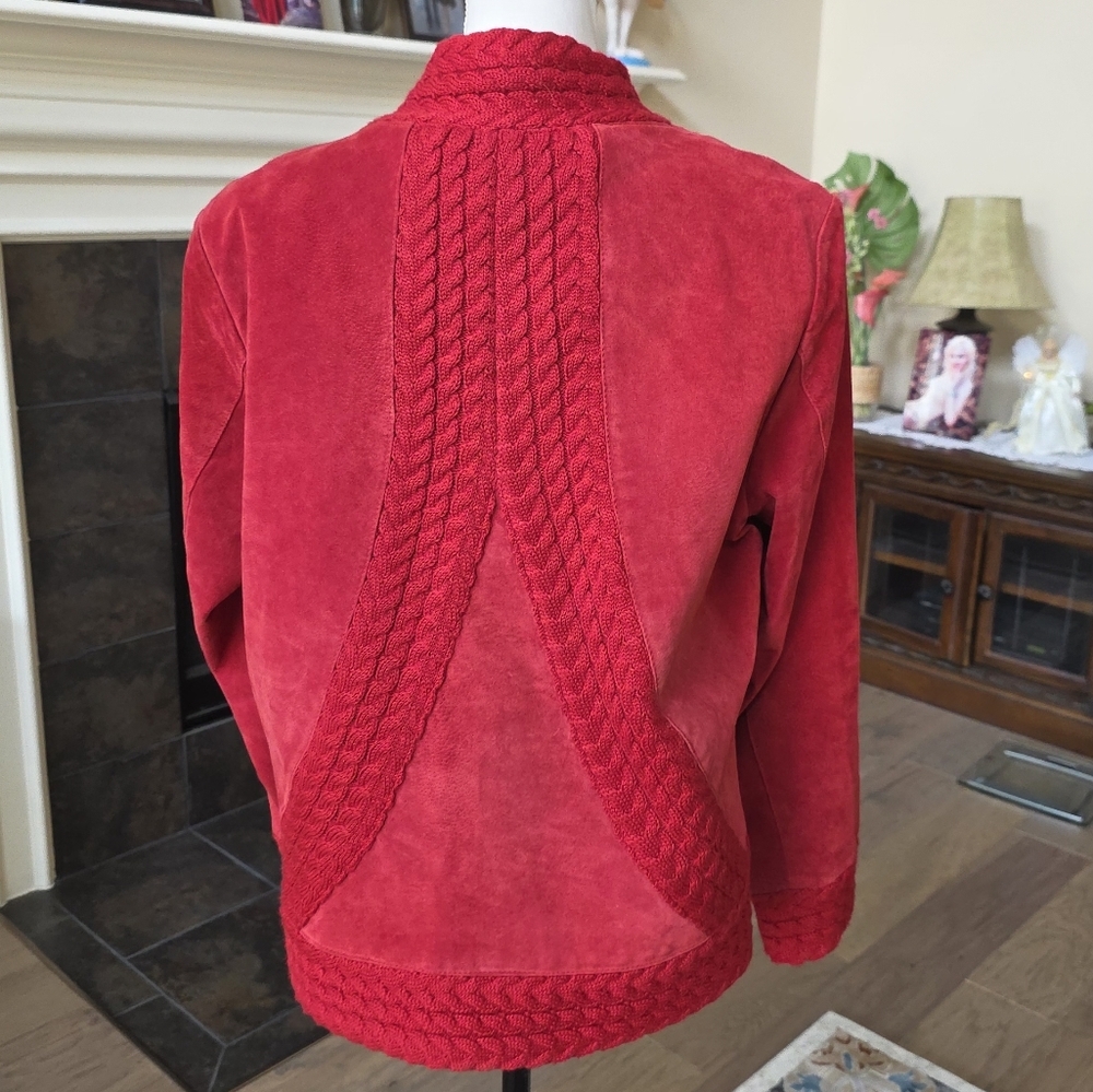 Coldwater Creek Red Suede Leather Cable Knit Jacket Size Large L - Picture 7 of 16